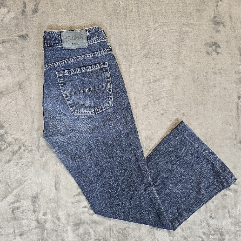 Vintage Silver Boot Cut Flared Bell Bottom Jeans Dark Wash Blue Denim